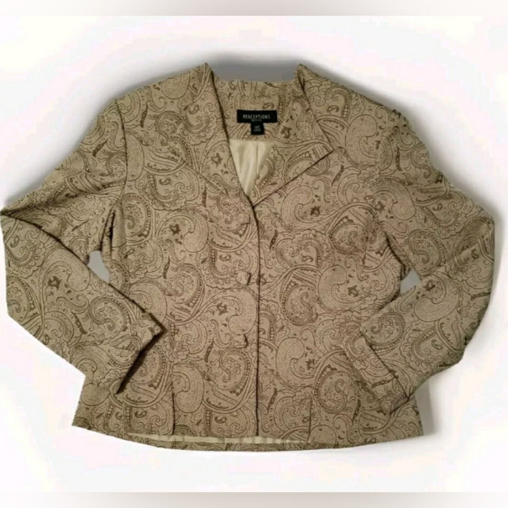 Perceptions Women Dressy Career Jacket Blazer Size 14P Beige Jacquard Paisley